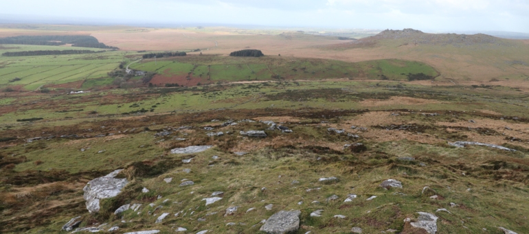 Looking west, Rough Tor at top right. Fernacre stone circle is just behind the group of trees in the centre.