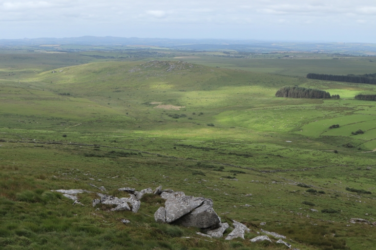 From Brown Willy looking south-west. Garrow Tor has settlements and field systems on its flanks.