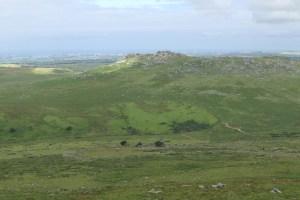 Rough Tor from Brown Willy. The ruins and fields in the foreground are medieval but those on the left slope of Rough Tor are older.